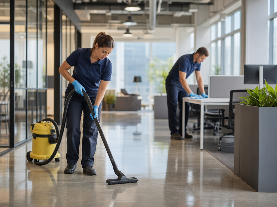 Professional commercial cleaning team at work