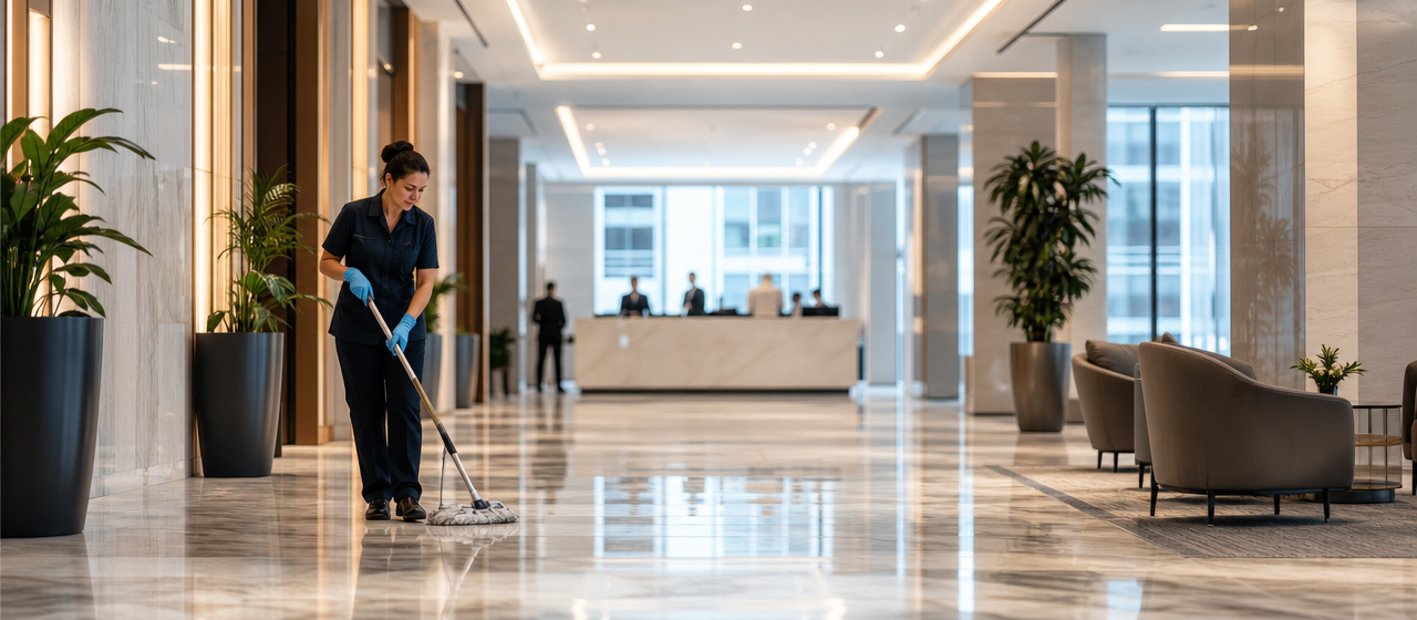 Pristine, immaculate corporate office lobby maintained to a premium standard